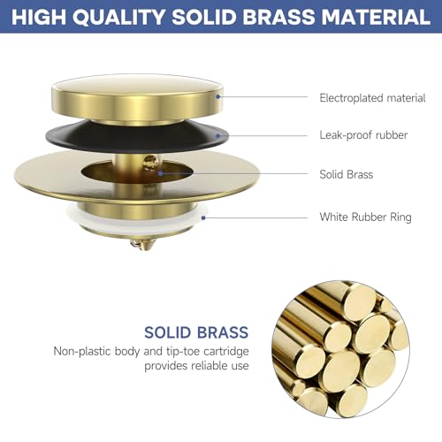 Brushed Gold Upgraded Tip Toe Tub Stopper, Universal Pop Up Bathtub Drains Plug, Bathroom Bath Tub Drain Stoppers, Replaces Lift and Turn, Tip-Toe and Trip Lever drains for Tub, Easy Install - color: Brushed Gold