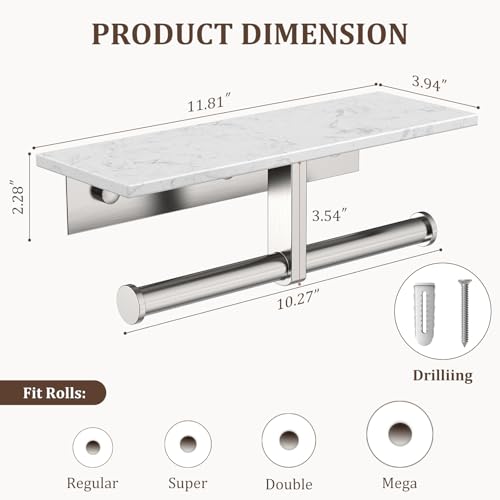BWE Double Toilet Paper Holder with Shelf, Wall Mounted Tissue Roll Holder for Bathroom, Commercial Toilet Paper Dispenser, Marble Toilet Paper Storage Holder with Phone Shelf (Brushed Nickel) - color: Double Brushed Nickel