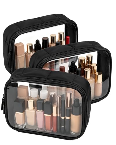 Moyad TSA Approved Toiletry Bag Clear Quart Size Travel Bags Makeup Bag | Large Opening, for Men and Women, Carry on Airline Compliant, Transparent Liquids Pouch, Puffer Black - color: Puffer Black, size: 3 Pack
