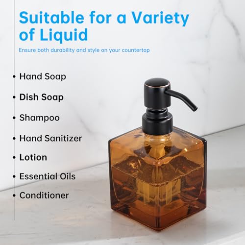 Square Bathroom Soap Dispenser Amber Bottle with Oil Rubbed Bronze Pump, Retangle Cube 8.4 oz Glass Bottles with Stainless Steel Pump Hand Liquid Soap Dispenser Kitchen - color: Amber and Oil Rubbed Bronze Pump, size: 8.4oz-Square