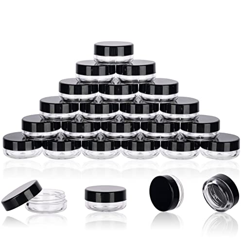 3 Gram Sample Jars with Lids, 25 Count Mini Cosmetic Containers - Makeup Travel Containers with Labels, Tiny Disposable Spatulas - color: Black