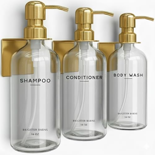 Luxury Shampoo and Conditioner Dispenser Set Wall Mounted by Brighter Barns - No-Drill Shower Soap Dispenser Set & Stainless Steel Pumps - Refillable Shampoo Bottles - Gold Bathroom Decor (Clear Gold) - color: Modern (Clear Gold)