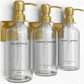 Luxury Shampoo and Conditioner Dispenser Set Wall Mounted by Brighter Barns - No-Drill Shower Soap Dispenser Set & Stainless Steel Pumps - Refillable Shampoo Bottles - Gold Bathroom Decor (Clear Gold) - color: Modern (Clear Gold)