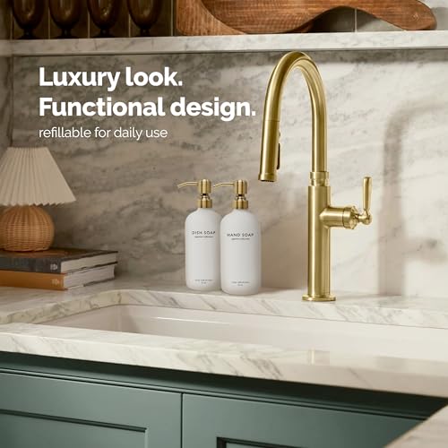 Vine Creations White Glass Soap Dispenser Set, Dish Soap and Hand Soap Dispenser Set with Stainless Steel Pump, 16 oz Glass Dispensers for Kitchen or Bathroom Decor (Matte White Bottle/Brushed Brass) - color: White Bottle / Brushed Brass Pump