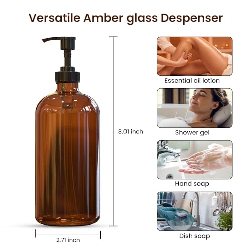 Sunrise Premium, 16 OZ Thick Amber Glass Soap Dispenser with Pump 2 Pack, Hand and Dish Soap Dispenser Set for Bathroom with 6 Waterproof Labels - color: Black Plastic Pump - Amber Glass