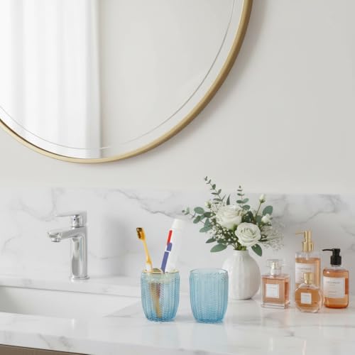 Toothbrush Holders for Bathrooms, Blue Glass Toothbrush Holder with Gold Divider, 10oz Bathroom Tumbler and Mouthwash Cup, Bathroom Storage Cup for Tooth Brush, Toothpaste and Makeup Brush