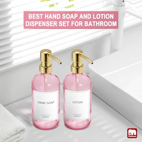 GMISUN Pink Soap Dispenser Bathroom, 2 Pack Kitchen Hand and Dish Soap Dispensers Set, 17 Fl Oz Pink Glass Soap Dispenser with Gold Pump, Refillable Modern Farmhouse Liquid Soap Pump Bottles - color: Pink Bottle + Golden Pump