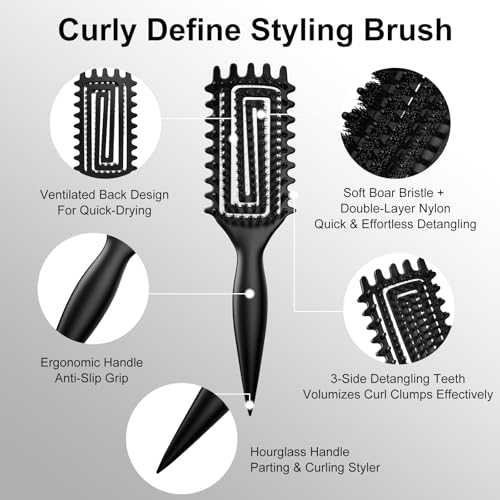 Curly Hair Brush, Curl Defining Brush with Soft Boar Bristles Detangling Tangled Glides, Wide-Teeth Design Effortlessly Shaping & Defining Curls (Black) - color: Black
