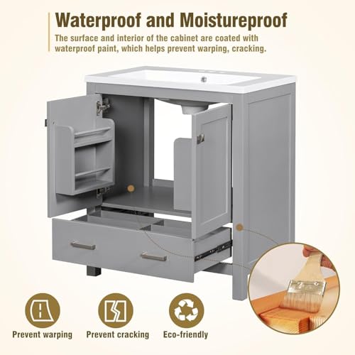 Linique 30" Bathroom Vanity with Sink Combo Set, Solid Wood Frame Bathroom Storage Cabinet with 2 Soft Closing Doors and a Drawer, Multifunctional Storage, Grey - color: Grey