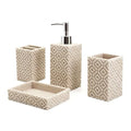 4-Piece Bathroom Accessory Set – Modern Resin & Sandstone Vanity Organizer, Vintage Texture Lotion Dispenser, Toothbrush Holder, Tumbler, Soap Dish (Beige)