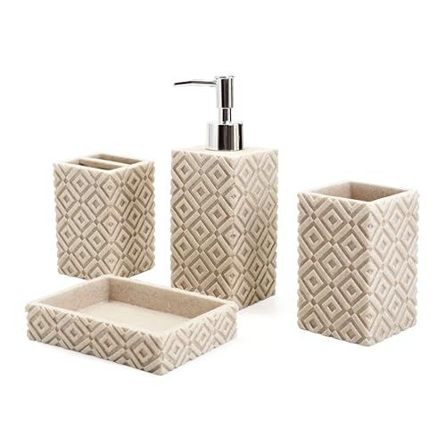 4-Piece Bathroom Accessory Set – Modern Resin & Sandstone Vanity Organizer, Vintage Texture Lotion Dispenser, Toothbrush Holder, Tumbler, Soap Dish (Beige)