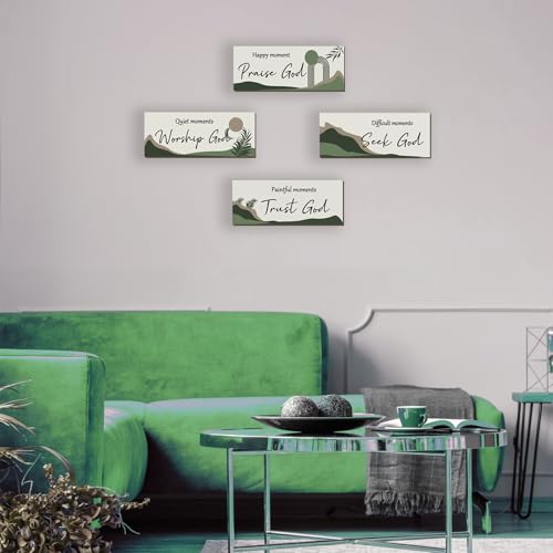 ONIZHITY 4 Pcs Green Boho Wall Art Bible Verse Inspirational Bohemian Wall Decor Rustic Christian Sign for Home Bathroom Office Bedroom Living Room (10x4) - color: Green Boho
