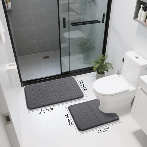 Yimobra Memory Foam Bath Mat Set 2 Piece - Super Soft Absorbent Quick Dry Bathroom Toilet Rugs, Machine Washable Non Slip Floor Carpet for Tub Shower & Single Sink (31.5x20 & 24x20, Dark Gray) - color: Dark Gray, size: 31.5x20+24x20 Inch