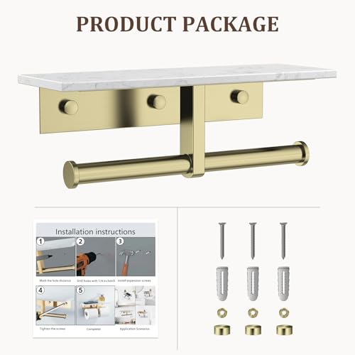 BWE Double Toilet Paper Holder with Shelf, Wall Mounted Tissue Roll Holder for Bathroom, Commercial Toilet Paper Dispenser, Marble Toilet Paper Storage Holder with Phone Shelf (Brushed Gold) - color: Double Brushed Gold