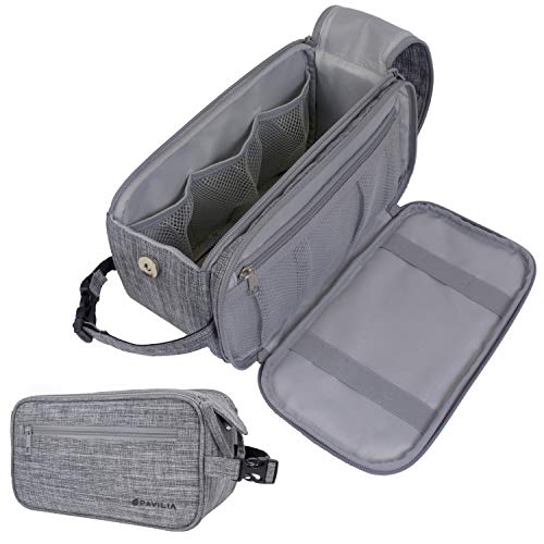 PAVILIA Toiletry Bag for Men, Travel Essentials Shaving Dopp Kit, Mens Travel Bag Toiletries Organizer Case for Grooming, PU Leather Water Resistant Cosmetic Bag Pouch (Heather Grey) - color: Heather Gray, size: Large (10.5x5.5x6)