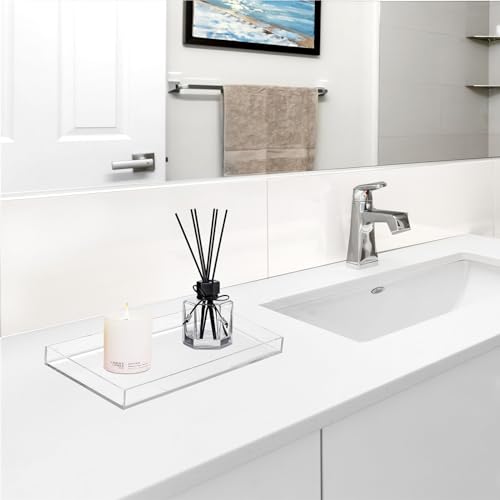 ROYALITA Acrylic Tray Bathroom Tray for Countertop, Guest Towel Holder Tray for Napkin Perfume Jewelry Makeup, Vanity Trays for Soap Dispenser, Aromatherapy, Cup & Candle, White - color: White