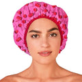 Betty Dain Reusable Bath and Shower Cap, Oversized Waterproof Shower Cap for All Hair Lengths, Frosted PEVA Lining, Elastic Stretch Hem, Ruched with Satin Bow, Cherry Bomb - color: Cherry Bomb