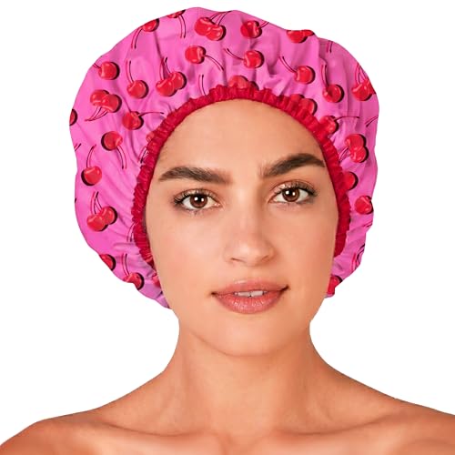 Betty Dain Reusable Bath and Shower Cap, Oversized Waterproof Shower Cap for All Hair Lengths, Frosted PEVA Lining, Elastic Stretch Hem, Ruched with Satin Bow, Cherry Bomb - color: Cherry Bomb
