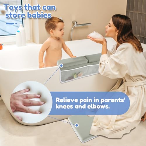 Baby Bath Kneeler and Elbow Rest Pad Set, Extra Large Memory Foam Kneeling Pad with 4 Toy Storage Pockets, Non-Slip Foam Mat with Suction Cups, Relief for Aching Knees & Elbows - Grey