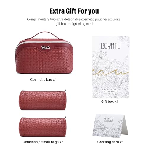 BOYATU Travel Makeup Bag Cosmetic Bags for Women: Large Capacity 3 Pcs Set Make up Bag with Compartments - Waterproof Vegan Leather Toiletry Organizer Bags with Handle (L52Burgundy) - color: L52Burgundy