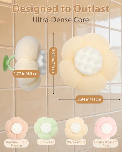 2026 Super Soft Flower-Shaped Suction Cup Bath Sponge, Upgraded 2-in-1 Flower-Shaped Ball Exfoliating Bath loofah Cleaning Brush, Mesh Shower Body Sponge Accessories for Women, Men Shower (4 Color) - style: Jasmine Cloud Powder+Fruit Green+Warm White+Cher