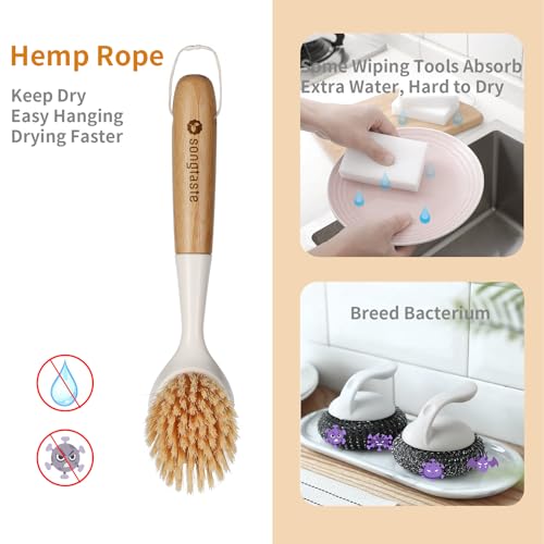 2 Pack Kitchen Dish Brush Bamboo Handle Dish Scrubber Built-in Scraper, Scrub Brush for Pans, Pots, Kitchen Sink Cleaning, Dishwashing and Cleaning Brushes are Perfect Cleaning Tools, White - style: White