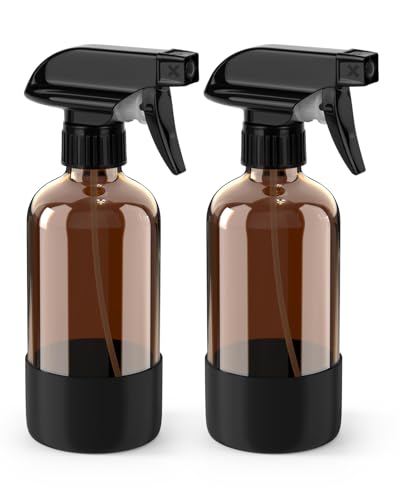 Bontip Glass Spray Bottle with Silicone Sleeve Protection, Amber Glass Spray Bottle Set for Window Cleaner Aromatherapy Facial Hydration Watering Flowers Hair Care 2 Pack/8 oz (Black) - color: Black, size: 8 Ounces