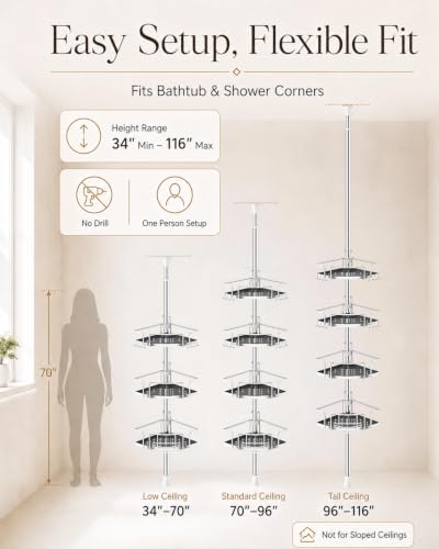 ALLZONE Corner Shower Caddy Tension Pole, 4 Hang-On Basket with Mixed-Height Shelves for Various Bottle Sizes, Extra Hooks & Soap Holder, Rustproof Stainless Steel, Fits 34–116 Inch, Silver/Dark Gray - color: Silver/Dark Gray