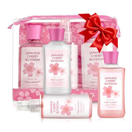 Bath and Body Gift Set, Japanese Cherry Blossom, 3-Piece Travel Size Collection, Shower Gel, Body Lotion, Body Mist, 3 Fl Oz Each, Natural Extracts, Ideal for Birthday, Mother's Day & Christmas Gifts