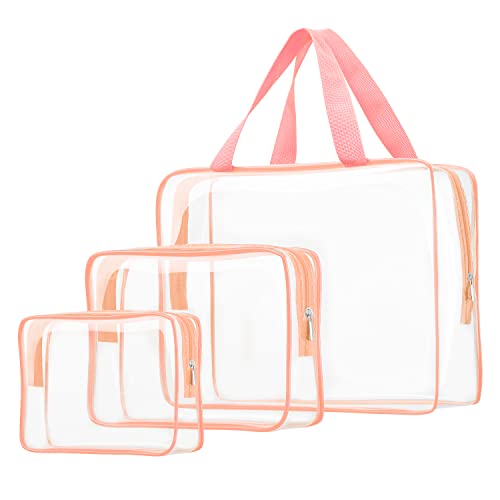 3pcs Clear Cosmetic Bags, TSA Approved Toiletry Bag Set Crystal Clear Travel Beach Essentials Bag Organization PVC, Clear Makeup Bags Luggage Pouch Carry on Airport Airline Compliant Bag Women Men - color: 3pcs Light Pink-1 large, 1 medium, 1 small