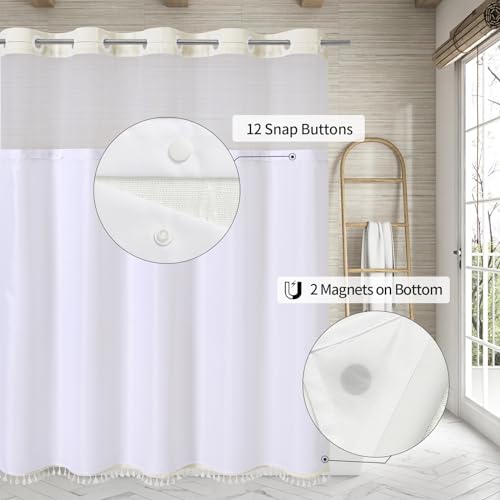 MitoVilla No Hooks Needed Farmhouse Shower Curtain with Snap-in Liner - with Window & Magnets, Boho Cotton Linen Fabric Shower Curtains with Tassels for Rustic Bathroom Decor, Ivory, 72 x 74 - color: Ivory - Win
