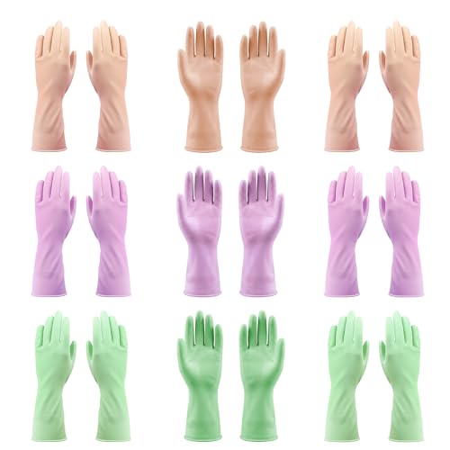 Dishwashing Gloves, 9 Pairs Reusable Medium Kitchen Gloves, Wear-Resistant Natural Latex with Non-Slip Palm, Flocked Liners for Better Grip, Soft Comfort for Garden, Toilets