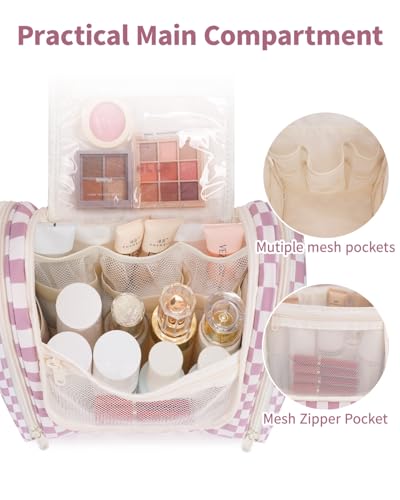Narwey Hanging Toiletry Bag for Women Travel Makeup Bag Organizer Toiletries Bag for Cosmetics Essentials Accessories - color: ZA-Dusty Pink Checkerboard