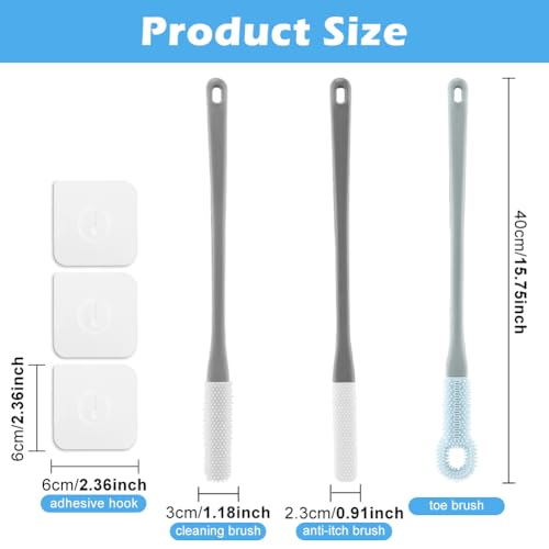 CALIDAKA 3 Pack Toe Scrubber Brush,with 15.75" Long Handle Silicone Shower Foot Scrubber,Toe Cleaning Brush,No Bending to Remove The Dead Skin of The Feet,for Elderly, Pregnant Women