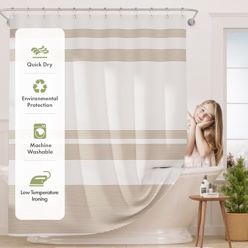 AmazerBath Beige Shower Curtain, 72x72 Washable Cloth Neutral Light Tan Shower Curtain with 12 Hooks, Fabric Khaki and White Striped Set, Farmhouse Bathroom Shower Curtain - color: A- Khaki Stripe +12 Metal Hooks, size: 72"W x 72"L (Pack of 1)