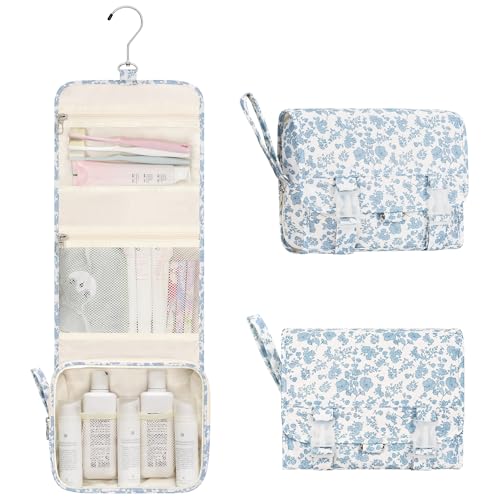 Relavel Small Hanging Toiletry Bag for Men and Women, Portable Hanging Organizer for Travel-Sized Shower Dopp Kit, Waterproof Toiletries Organizer with 3 Compartments for Outdoor - Blue Flower - color: 01 Blue Flower, size: Small