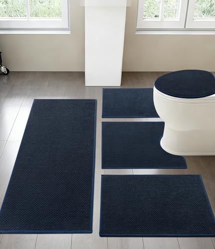YIHOUSE Bathroom Rug Sets 5 Piece, Ultra Thin Quick Dry Bath Mat, Absorbent Bath Mat for Bathroom Non Slip Machine Washable Bath Rug (Blue) - color: Dark Blue, size: 5 Pieces