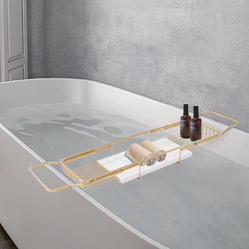 Expandable Bathtub Tray Caddy Shelf with Marble Table Mobile/Tablet Stand, Luxury Bath Tub Tray Rack, Bathroom Home Spa Shower Accessories Perfect Relaxing Spa Gifts for Women and Towel - color: Gold Rack+white Marble Board