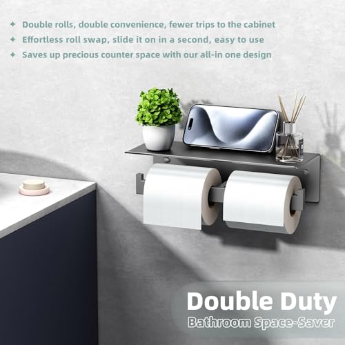 APLusee Gunmetal Gray Double Toilet Paper Holder with Shelf, 304 Stainless Steel Bathroom Tissue Roll Holder, Wall Mounted Paper Dispenser for Bathroom Kitchen, Fits Mega Rolls - color: Gun Gray, size: Double Rod