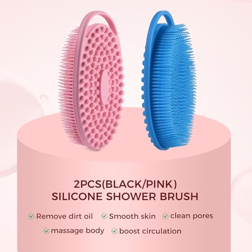 2 Pack Silicone Body Scrubber, Exfoliating Shower Scrubber for All Skin | 2 in 1 dual-sided design, soft bristles and massage bumps side, fast-drying, non-slip handle, for women and men, Blue+Pink - color: Blue&pink