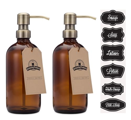 Amber Glass Bottle Soap and Lotion Dispenser with Brass Pump - 16 oz - 2 Pack - by Jarmazing Products - color: Amber/Brass 16oz, size: Pack of 2