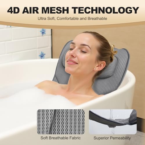 Extra Long Thick Full Body Bath Pillow for Tub with Lumbar Pillow- Luxury 4D Air Mesh Bathtub Pillow with Head, Shoulder & Back Support, Non-Slip Bath Cushion with Suction Cups (Gray) - color: Gray