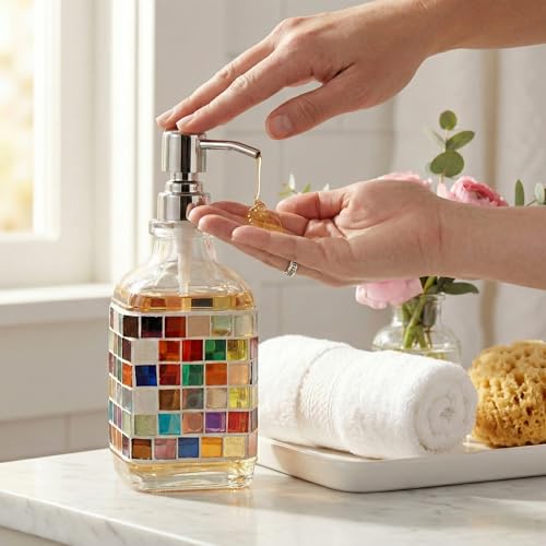 BOPPIE Set of 2 Handcrafted Mosaic Glass Soap Dispenser, Modern Countertop Hand & Dish Soap Dispenser for Bathroom Kitchen, Refillable Bottle with Stainless Steel Rust Proof Pump, Colorful Grid+Leaves - color: Colorful Grid+leaves