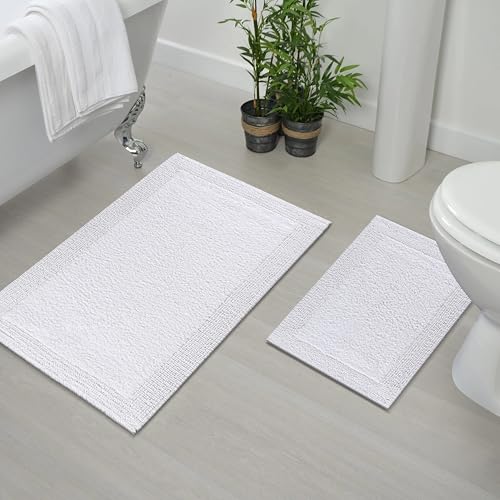 Bedding Craft Cotton Bathroom Mat Set, Reversible Water Absorbent Bath Mat Rug, Machine Washable, 2 Pieces (17x24 + 21x34) - color: White, size: 1'5" x 2' + 1'9" x 2'10" (Rectangular)
