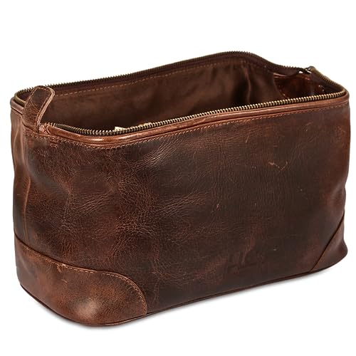 HLC Leather Toiletry Bag for Men Best Gift Premium Genuine Dopp Kit Shaving Kit Organizer Travel Kit Pouch Bag 10 inch Size (Brown) - color: Brown