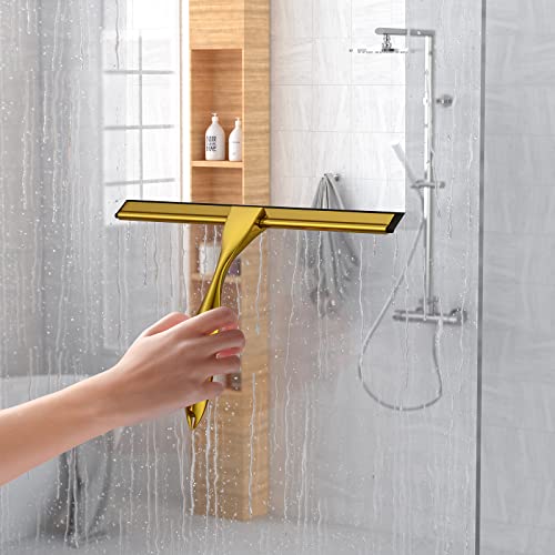 Shower Squeegee Set, 10-Inch Stainless Steel Squeegee for Bathroom, Shower Doors, Mirrors, Tiles, Car Windows - 100% Streak Free, Includes Shower Door Hook, Adhesive Hook and Spare Silicone Blade - color: Gold, size: 10-inch