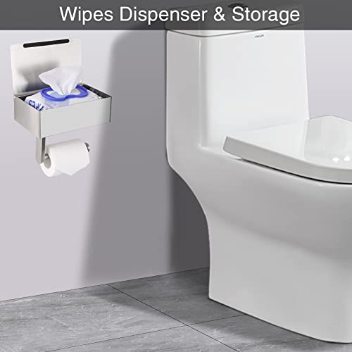 Adhesive Toilet Paper Holder with Shelf and Storage, Wall Mount Toilet Paper Roll Holder & Flushable Wipes Dispenser Set Fits Any Bathroom, Stainless Steel Tissue Holder-Round, Brushed Nickel - color: Brushed Nickel Round