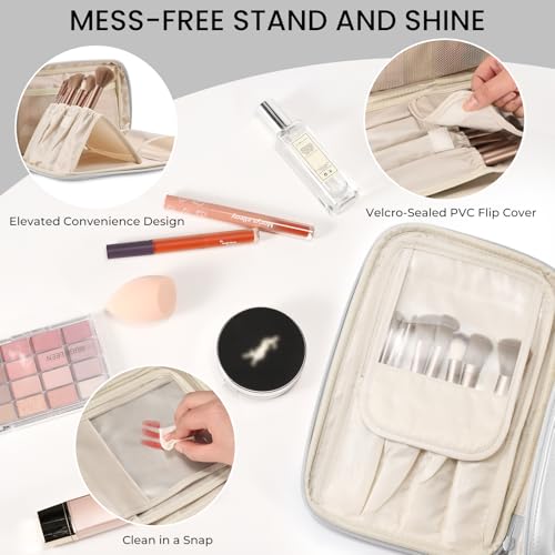HauteHues Travel Makeup Bag Women's Large Capacity Cosmetic Portable Organizer Large Opening Waterproof Storage Toiletry Bags Vertical Free-Standing Brush Holder for Easy Access Silver - color: Silver
