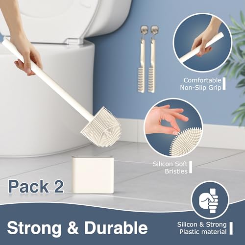 2 Pack Silicone Toilet Brushes & Holders– Includes 2 Crevice Brushes for Bathroom, Long Non-Slip Handle – Durable Bathroom Cleaning Set. - size: Pack of 2