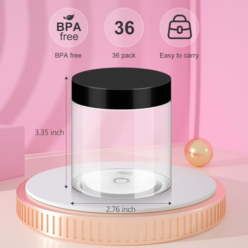 Loretoy 36 Pack 8 OZ Household Plastic Jars with Lids, BPA Free, Reusable, Refillable Transparent Cosmetic Containers for Bath Salts, Cosmetics, Powders, Beauty Product and Small Accessories, Black - color: Black, size: 8 Ounce